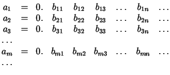$\displaystyle \begin{matrix}a_{1} &= &0. &b_{11} &b_{12} &b_{13} & \dots &b_{1n...
... &= &0. &b_{m1} &b_{m2} &b_{m3} & \dots &b_{mn} &\dots\\  \dots\\  \end{matrix}$