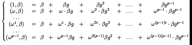 $\displaystyle \addtocounter {MaxMatrixCols}{1}\left\{ \begin{matrix}(1, \beta) ...
...^{2} &+& \dots &+& \omega^{(p-1)(p-1)} \cdot \beta g^{p-1} \end{matrix} \right.$