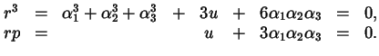 $\displaystyle \begin{matrix}r^{3} &=& \alpha_{1}^{3} + \alpha_{2}^{3} + \alpha_...
... \\  r p &=& && u &+& 3 \alpha_{1} \alpha_{2} \alpha_{3} &=& 0.\\  \end{matrix}$